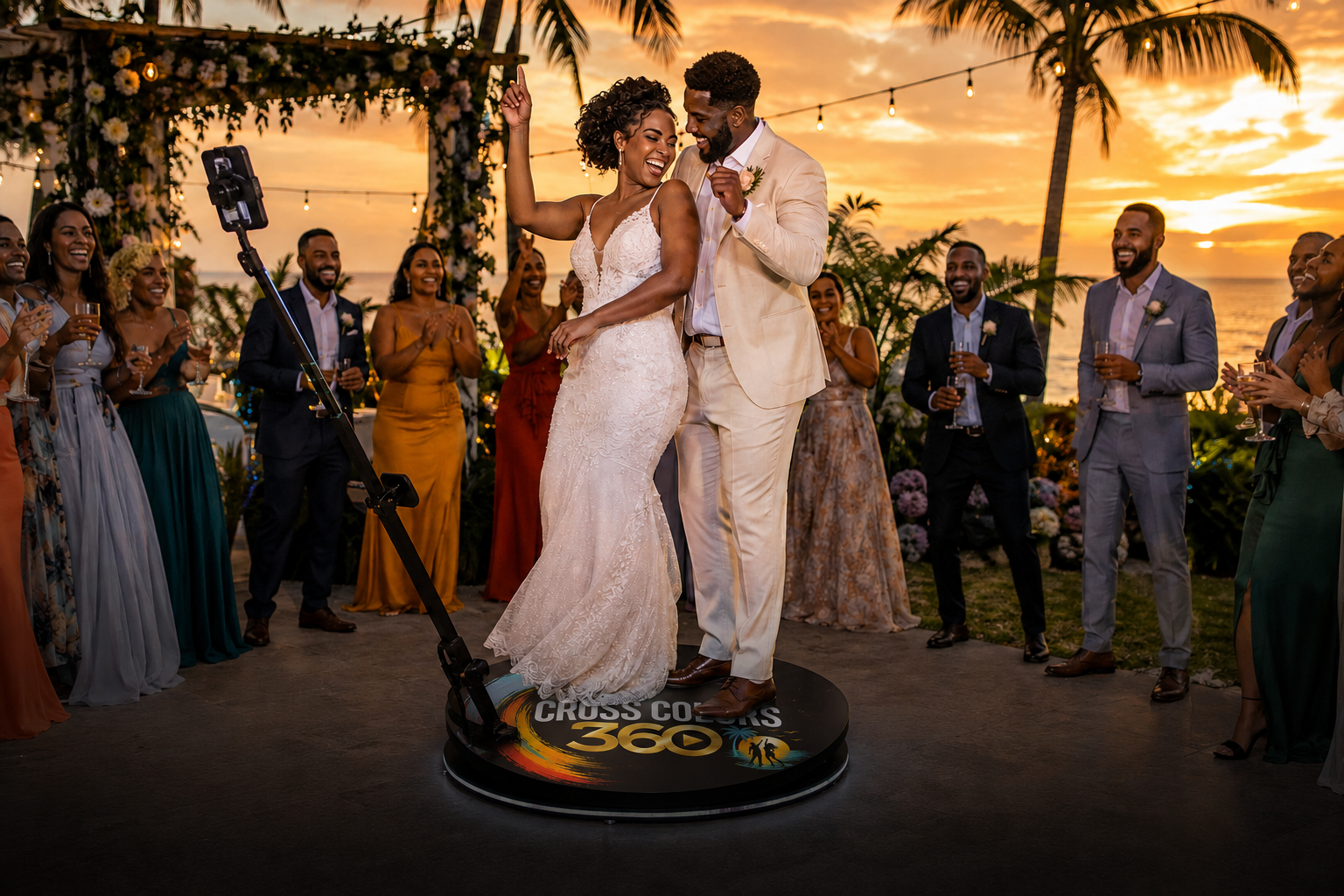 Newlyweds dancing on a branded Cross Colors 360 booth at a tropical Puerto Rico wedding