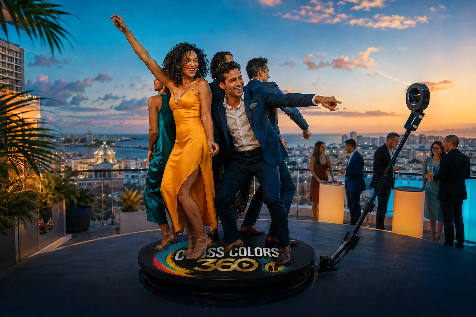 A professional team celebrating on a branded Cross Colors 360 booth at a San Juan corporate event